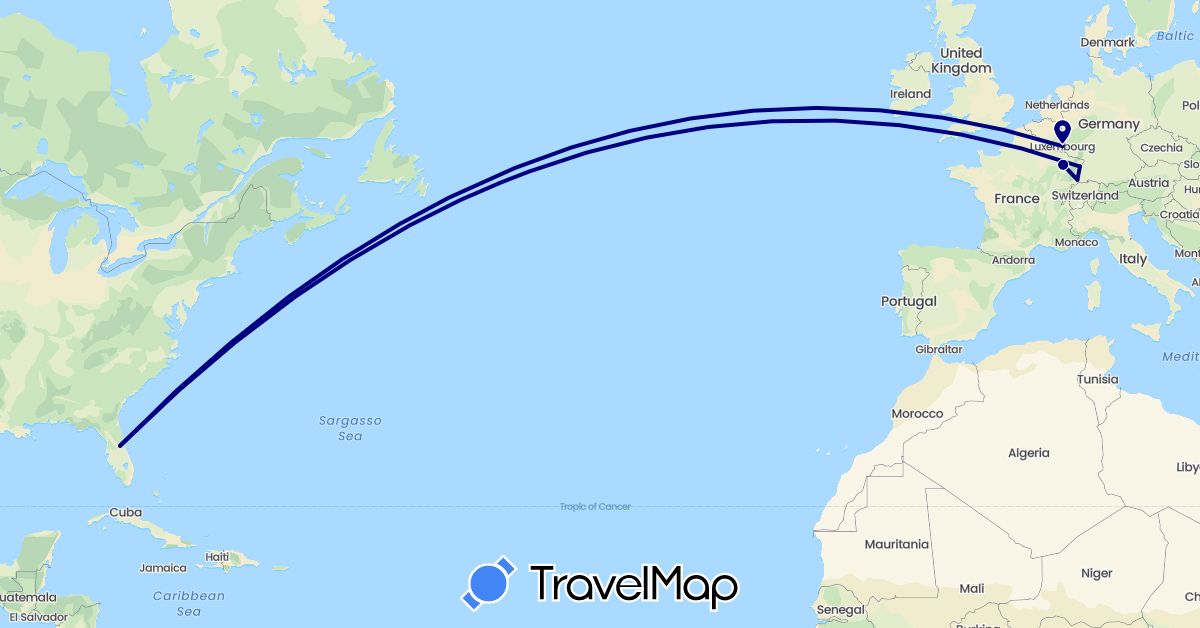TravelMap itinerary: driving in France, Luxembourg, United States (Europe, North America)